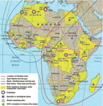 Thumbnail of West Nile virus (WNV) circulation in Africa (3,6–10). Map of Africa summarizes published data related to WNV isolations, outbreaks, and sporadic or serologic cases (including this study). It also indicates the main bird migration routes (source: Wetlands International, Wageningen, the Netherlands). Source: Food and Agricultural Organization of the United Nations.