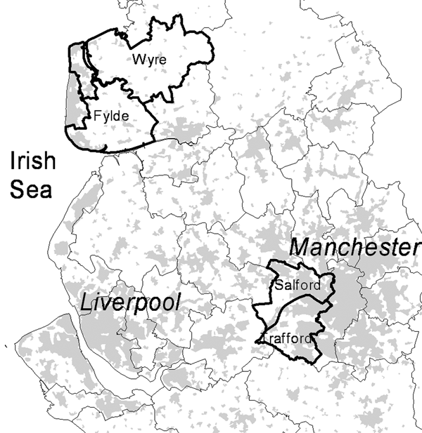 Location of the 4 local authorities constituting the study area in Northwest England. The populations covered (outlined areas) were Fylde and Wyre (in Lancashire) and Salford and Trafford (within the metropolitan area of Greater Manchester). Gray areas indicate approximate location of built-up areas.