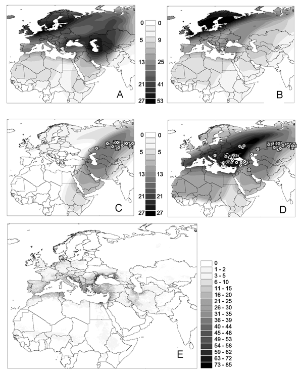 Distribution overlay of migratory flyways of Anatidae bird species in the western Palearctic: each pixel of gray shading indicates the number of species that include the area as part of their flyway. A) All species with an equal weight (indicative of species diversity by pixel). B) Flyways weighted according to their population (indicative of anatid populations). Population-weighted distribution overlay for flyways intersecting highly pathogenic avian influenza (HPAI) H5N1 virus records are show