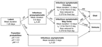 Thumbnail of Natural history of influenza in our model. Duration of each state for a given person is chosen from an exponential distribution. State relative infectivity (IR) and mean state duration were chosen to reflect the infectivity variation of Ferguson et al. (10,11) (see Figure 3). Transition probabilities between presymptomatic and postsymptomatic states are also noted. For symptomatic persons who stay at home, link frequencies outside the household are reduced by 90%.