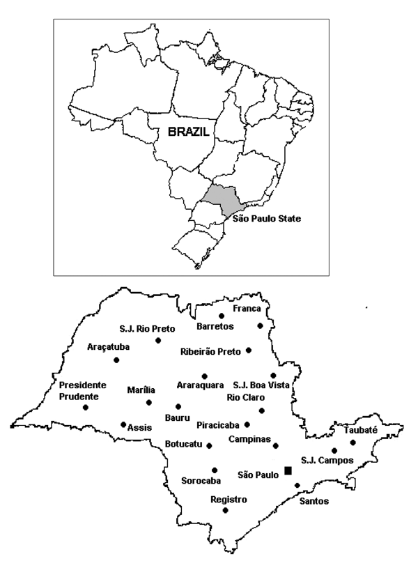 Map of São Paulo State, Brazil, indicating where fecal specimens were collected during the 8-year survey period.