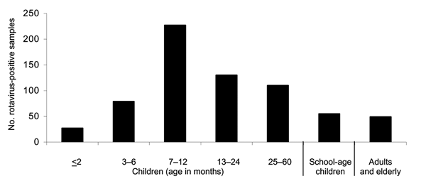 Rotavirus infection among children (&lt;5 years of age), school-age children (5–17 years), adults (18–59 years), and elderly patients (&gt;60 years) with acute diarrhea, São Paulo, Brazil, 1996–2003.