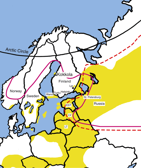 The known distribution of tickborne encephalitis (TBE)–virus endemic areas and Ixodes ticks in northern Europe. Yellow: TBE-endemic areas, adapted from International Scientific Working Group on Tick-Borne Encephalitis (8). To the south and west from the solid line, Ixodes ricinus distribution; to the east from the dashed line, I. persulcatus distribution; Lpr, Lappeenranta; EST, Estonia; LV, Latvia; LT, Lithuania.