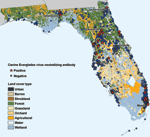 Thumbnail of Residence locations of Everglades virus–seropositive and –seronegative dogs in Florida and landcover habitat types obtained from the National Land Cover Database.