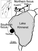 Thumbnail of Leishmania tropica foci near Lake Kinneret in the Galilee region of Israel. Inset shows the location of the foci. W. Bank, West Bank.