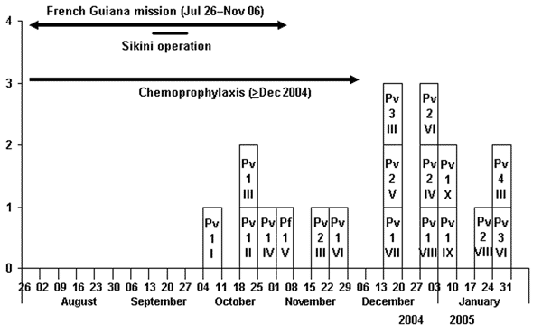 Epidemic curve of malaria attacks. Pv, Plasmodium vivax; Pf, P. falciparum; 1, access no.; I, case no.