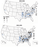 Thumbnail of Geographic distribution of Salmonella Enteritidis isolates in broiler rinses in the first and second half of the study period (2000–2002 vs. 2003–2005). Each blue dot represents 2 million broilers produced in 2002. Broiler production data: US Department of Agriculture National Agricultural Statistics Service.
