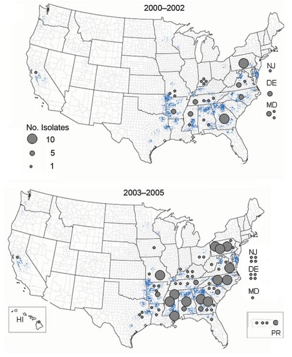 Geographic distribution of Salmonella Enteritidis isolates in broiler rinses in the first and second half of the study period (2000–2002 vs. 2003–2005). Each blue dot represents 2 million broilers produced in 2002. Broiler production data: US Department of Agriculture National Agricultural Statistics Service.
