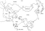 Thumbnail of Map of mainland Asia. The locations from which Arctic and Arctic-like variants of the rabies virus have been recovered are shown in circles or ovals with the group designation (1, 2a, 2b, or 3) indicated in the center. Generation of this map was achieved in part by compiling data from 2 previous publications (19,21). Viral phylogroups previously designated as A and B (21) are equivalent to groups 1 and 3, respectively, in this study. B, Bangalore, G, Goa; H, Hyderabad; K, Kasauli; M