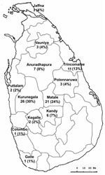 Thumbnail of Geographic distribution of persons with cutaneous leishmaniasis in Sri Lanka during June 2001 through June 2005.