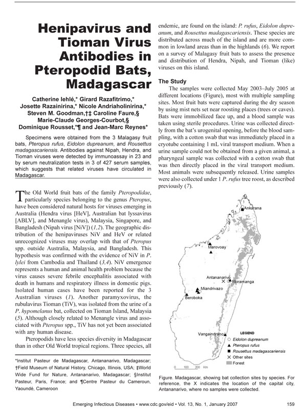 Madagascar, showing bat collection sites by species. For reference, the X indicates the location of the capital city, Antananarivo, where no samples were collected.