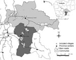Thumbnail of Distribution of selected communes in Kampong Cham and Prey Veng provinces, Cambodia, 2006.