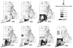 Thumbnail of Human babesiosis incidence per census tract, Rhode Island, USA, 1998–2004. Data from Rhode Island Department of Health