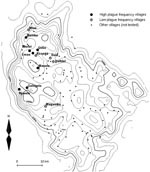 Thumbnail of Map of the Lushoto District of Tanzania showing locations of villages with high and low plague frequency villages. All other villages with known locations are also plotted. The solid lines represent altitude contours (200-m elevation lines). To the west, a steep escarpment demarcates the edge of the district.