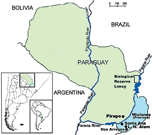 Misiones Province, Argentina, and eastern Paraguay, where cases of hantavirus pulmonary syndrome have occurred and rodents were trapped for testing.