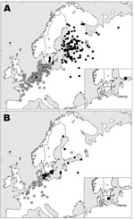 Thumbnail of Female mallards banded in Sweden south of 57°30′N (indicated by a solid line in the inserted figures) in Oct–Dec (A) and May–Sep (B) and recovered in winter (Nov–Feb, n = 255 and n = 98) and summer (May–Aug, n = 135 and n = 53). Black dots represent summer recoveries; gray squares represent winter recoveries. Symbols on inset maps represent calculated mean positions and the location of Ottenby Bird Observatory.