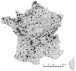 Thumbnail of Location of the 327 feed factories that produce compound feed for cattle and location and size of the 943 delivery areas. Unshaded delivery areas were excluded from analysis because they did not contain cattle.