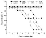 Thumbnail of Survival times of mice infected with the 7 avian influenza virus (H5N1) isolates. Mice were intranasally inoculated with 106 50% egg infectious dose of viruses in a volume of 50 μL. A/widgeon/Hubei/EWHC/2004 (EWHC), A/chicken/Hubei/327/2004 (CKDW), and A/goose/Hubei/ZFE/2004 (GOZF) induced a 100% death rate within 4–13 days, A/chicken/Hubei/XFJ/2004 (CKXF) induced a 50% death rate, and A/duck/Hubei/XFY/2004 (DKXF), A/chicken/Hubei/TMJ/2004 (CKTM), and A/chicken/Hubei/JZJ/2004 (CKJZ) caused no clinical signs or death.
