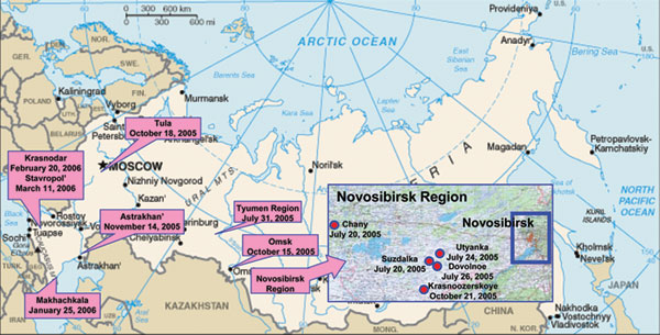 Spread of influenza (H5N1) in the Russian Federation, 2005–2006. Locations and dates of outbreaks of disease in poultry and wild waterfowl (1 outbreak in mute swans, Astrakhan region, Nov 2005) investigated by Federal State Research Institute Research Center for Virology and Biotechnology “Vector.”