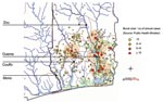 Thumbnail of Concentration of Buruli ulcer cases along the major Benin rivers, the Oueme and Couffo.