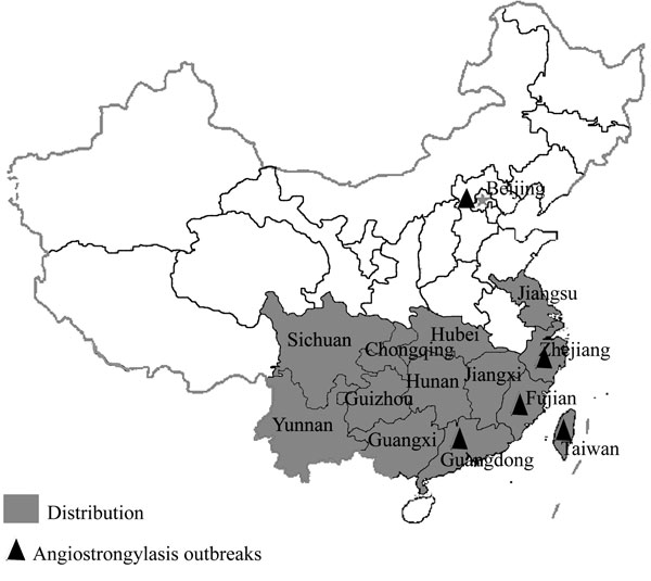 Distribution of Pomacea canaliculata in China. The dark triangles indicate the regions where angiostrongyliasis outbreaks were reported due to ingestion of raw or undercooked P. canaliculata snails.