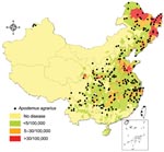 Thumbnail of Geographic distribution of incidence of hemorrhagic fever with renal syndrome (HFRS) in the People’s Republic of China and relationship with capture points of Apodemus agrarius. Black dots show the capture points of A. agrarius. Internal borders indicate provinces.