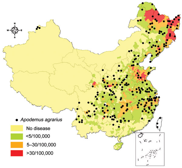 Geographic distribution of incidence of hemorrhagic fever with renal syndrome (HFRS) in the People’s Republic of China and relationship with capture points of Apodemus agrarius. Black dots show the capture points of A. agrarius. Internal borders indicate provinces.