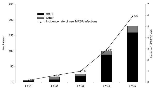 Methicillin-resistant Staphylococcus aureus (MRSA) infections in patients without a history of MRSA per 1,000 visits to the Baltimore Veterans Affairs Medical Center Emergency Care Service (ECS), 2001–2005. SSTI, skin and soft tissue infection; FY, fiscal year. FY01–03 versus FY04, χ2 test, p&lt;0.001.