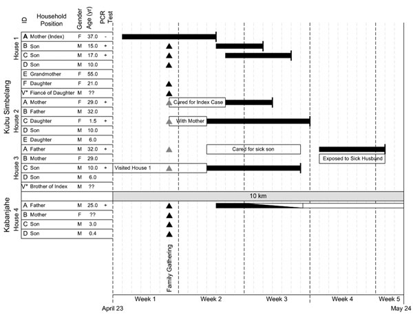 Exposure and disease events for each member of the family cluster in northern Sumatra, Indonesia. Dark boxes, duration of illness; white boxes without text, recovery period; thick dark vertical line, death; dark triangles, known contacts between members; shaded triangles, suspected contacts. *Unknown location of residence.
