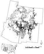 Thumbnail of Areas predicted by a model based on peridomestically acquired plague cases from 1957 through 2004 to pose high risk to humans in the Four Corners Region (Arizona, Colorado, New Mexico, and Utah) are depicted in light gray. Those high-risk areas on privately or tribally owned land are shown in dark gray. Black circles represent locations of peridomestically acquired human plague cases. States comprising the Four Corners Region are shown within the United States in the inset. Reprinted with permission of the Journal of Medical Entomology from Eisen et al. (9).