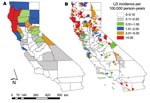 Thumbnail of Comparison of spatial distributions of areas of California with different incidences of endemic Lyme disease (LD), 1993–2005, when calculated by A) the county spatial unit and B) the 5-digit ZIP code spatial unit. Adapted from a figure published in the American Journal of Tropical Medicine and Hygiene by Eisen et al. (8).