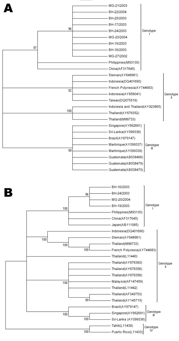 Phylogenetic trees of established dengue virus serotype 3 (DENV-3) and new sequences from Minas Gerais State, Brazil, identified in this study. A) The tree is based on a 504-nt sequence alignment comprising the C-prM gene (nucleotides 137–638). B) The tree is based on a 1,023-nt partial E nucleotide sequences (nucleotides 1022–2008). This tree was generated by neighbor-joining using the Tamura Nei model implemented by using MEGA3 software (www.megasoftware.net). Numbers to the left of nodes represent bootstrap values (1,000 replicates) in support of grouping to the right. Numbers to the right in parentheses of branches indicate the GenBank accession number. Roman numerals denote the different genotypes of DENV-3.