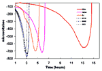 Thumbnail of Growth curves of Staphylococcus aureus strains measured by changes in redox potential on a cytosensor. Starting from the far right of the graph are the Michigan strain, the Japanese strain Mu50, the New Jersey strain, and three vancomycin-susceptible control strains.