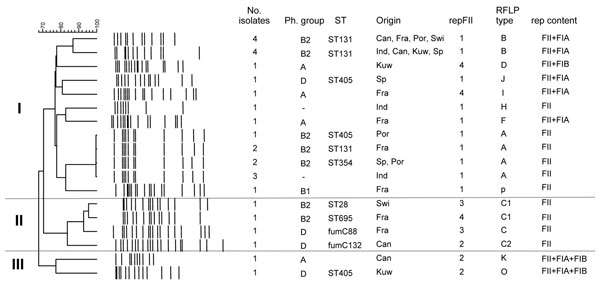 Computer analysis of a subset of representative HpaI restriction profiles of IncF CTX-M-15 plasmids from Escherichia coli isolates in the Appendix Table. Cluster analysis was done by using Fingerprinting II in Informatix software version 3.0 (Bio-Rad Laboratories, Hercules, CA, USA) and applying the unweighted pair group method with arithmetic averages (optimization 0.5%, tolerance 1.00%). Ph, phylogenetic; ST, sequence type; RFLP, restriction fragment length polymorphism; Can, Canada; Fra, France; Por, Portugal; Swi, Switzerland; Ind, India; Kuw, Kuwait; Sp, Spain.