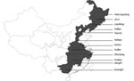 Thumbnail of Geographic distribution of porcine reproductive and respiratory syndrome viruses (PRRSVs) examined in the study. Shaded areas indicate the provinces where the PRRSVs characterized by deletions in Nsp2 were detected.