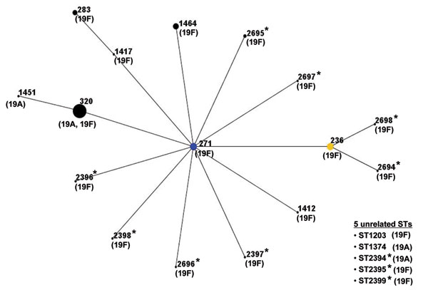 Relationship of 126 strains of serogroup 19 by eBURST analysis. ST271 (blue circle) is the predicted primary founder and ST236 (yellow circle) was assigned to a subgroup founder. Numbers on the diagram correspond to sequence types (STs). The size of each circle correlates with the number of isolates of that ST. *Newly identified ST in this study.