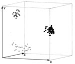 Thumbnail of Three-dimensional presentation of the principal coordinate analysis of the PCR fingerprinting data showing 3 distinct clusters which correspond to Scedosporium prolificans (black dots), S. aurantiacum (dark gray dots), and S. apiospermum (light gray dots), with S. apiospermum showing the highest genetic variation.