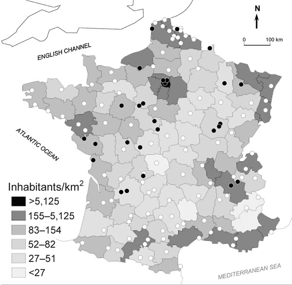 Map of France, showing spatial distribution of Yersinia pseudotuberculosis infections during the winter of 2004–05. Black circles, patients' residences; open circles, cities with medical laboratories that stated that they had not isolated any Y. pseudotuberculosis from clinical specimens.