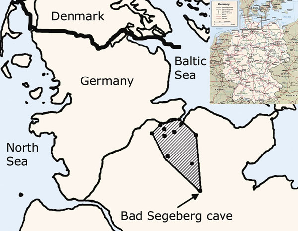 Map of Germany (inset) with enlarged view of northern Germany. The study area is shaded, and dots in the study area indicate sampling sites.