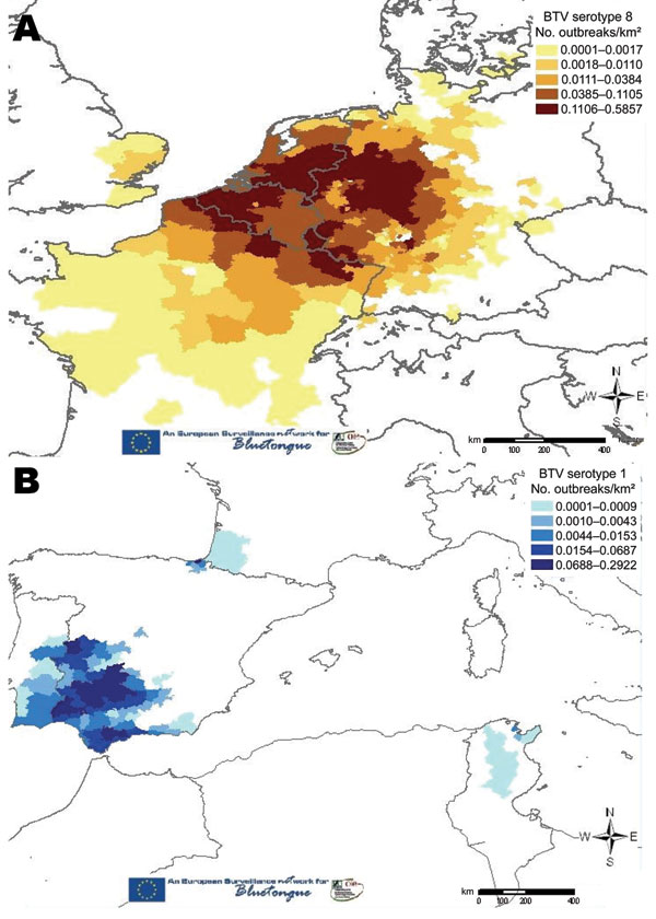 Number of bluetongue virus (BTV) outbreaks caused by BTV-8 (A) and BTV-1 (B) per kilometer (quartile scale) from May 1, 2007, to December 28, 2007 (EU-BTNET system; available from http://eubtnet.izs.it/btnet).