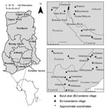 Thumbnail of Figure 1&nbsp;-&nbsp;Regional site map of water bodies sampled in Ghana for aquatic invertebrates during 2004, 2005, or both. Small maps on left show location of Ghana in Africa and location of regions sampled within Ghana (boxes).