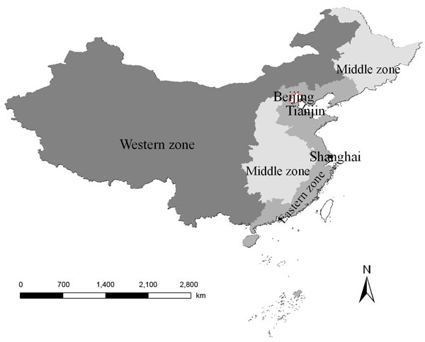 The 4 zones of China. These divisions were made on the basis of economic and geographic factors.