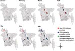 Thumbnail of Monthly spread of highly pathogenic avian influenza (HPAI) outbreaks in chickens, Bangladesh, January–July, 2007.