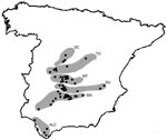 Thumbnail of Map of Spain showing wild ruminant sampling sites (black dots) and areas (gray) sampled along a south-to-north gradient during 2003–2007. SC, Sistema Central; TO, Toledo Province; MT, Montes de Toledo; GU, Guadiana Valley; SM, Sierra Morena; ALC, Alcornocales.