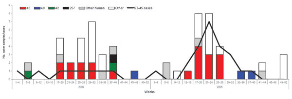 Numbers and sequence types (STs) of isolates of Campylobacter jejuni from surface water samples compared with numbers of human cases of ST-45 (line) for 2004 and 2005, by 4-week interval. Only the 4 most prevalent human types also identified in water samples are distinguished (ST-257, ST-45, ST-21, and ST-48). The “Other human” category includes all other C. jejuni sequence types found both in human cases in the study and in water samples. The “Other” category includes other C. jejuni sequence types found in water samples but not in human case-patients in the study.