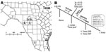 Thumbnail of Geographic and phylogenetic relationships among strains closely related to Bacillus anthracis Ames strain. A) Spatial relationships among Ames-like isolates from southern Texas. 1, location of the original Ames strain, isolated from Jim Hogg County, Texas, in 1981; 2, closely related Texas 1997 goat isolate (A0394); 3a and 3b, Texas 2001 isolates; 4 and 5, most recent cases, i.e., Texas 2006 (Kinney County) and Texas 2007 (Uvalde County). B) Genetic relationships among isolates with variable-number tandem-repeat and single-nucleotide polymorphism (SNP) differences giving rise to that particular branch (arrows). The numbers at each branch terminus correlate with the numbers depicted on the map. SNP states are from ancestral to derived.