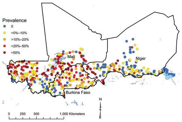 Prevalence of infection with Schistosoma hematobium at 418 survey locations in Burkina Faso, Mali, and Niger, 2004–2006.