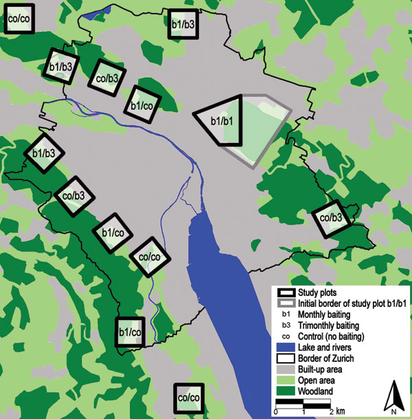 Study area of the anthelminthic baiting experiments in the conurbation of Zurich, Switzerland. Thirteen study plots were defined along the urban periphery during the 2-phased baiting period (phase 1, April 2000–October 2001; phase 2, November 2001–December 2003). Five different treatment schemes were used in these plots: co/co = no bait delivery during the whole study (n = 3 sites of 1 km2 ); b1/b3 = bait delivered monthly during the first phase and trimonthly during the second phase (n = 3); co/b3, no bait delivery during the first and trimonthly delivery during the second phase (n = 3); b1/co, monthly bait delivery during the first and no delivery during the second phase (n = 3); b1/b1, monthly bait delivery during the first and the second phase in a single study plot. This largest study plot comprised initially an area of 6 km2 (gray line) and finally an area of 2 km2 during the second baiting phase.