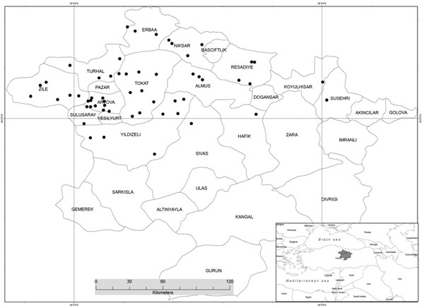 Districts of Tokat and Sivas provinces, Turkey, from which 782 persons at high risk for Crimean-Congo hemorrhagic fever virus (CCHFV) infection were sampled, 2006. Sample sites are indicated by black dots. (Map provided by Zati Vatansever and reproduced with permission.)