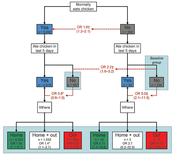 Odds ratios (ORs) and 95% confidence intervals (shown in parentheses) for Campylobacter enteritis associated with chicken consumption, England, 2005–2006. Numbers in boxes represent persons in each category; Numbers in red indicate relevant comparisons; arrows indicate direction of risk. For boxes in the bottom level, ORs compare risk for Campylobacter enteritis between individuals in that group and the baseline group (labeled), which comprises persons who do not regularly eat chicken and did no